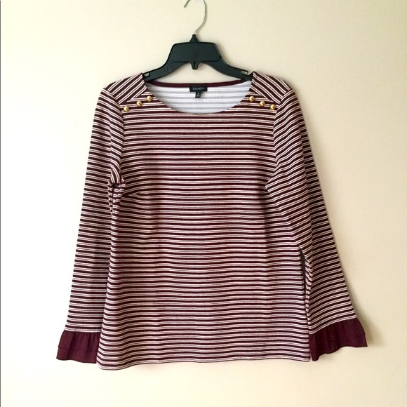 Talbots Tops - Talbots Burgundy White Stripe Ruffle Sleeve Top